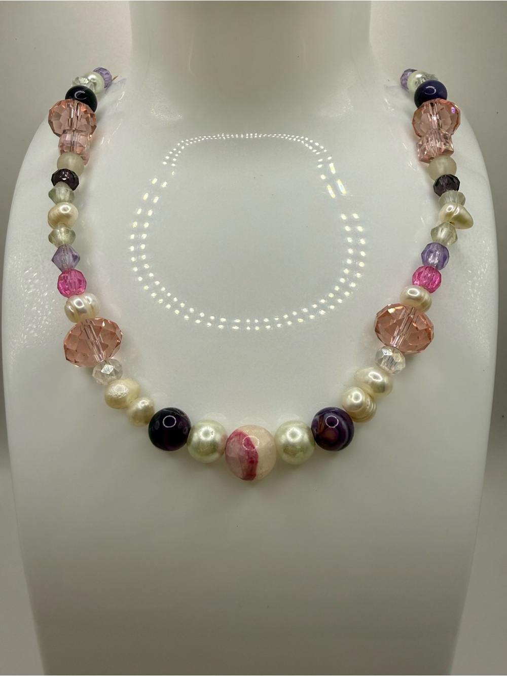 Women's Beaded Multi-Color Statement Necklace - Pink, Purple & Pearl